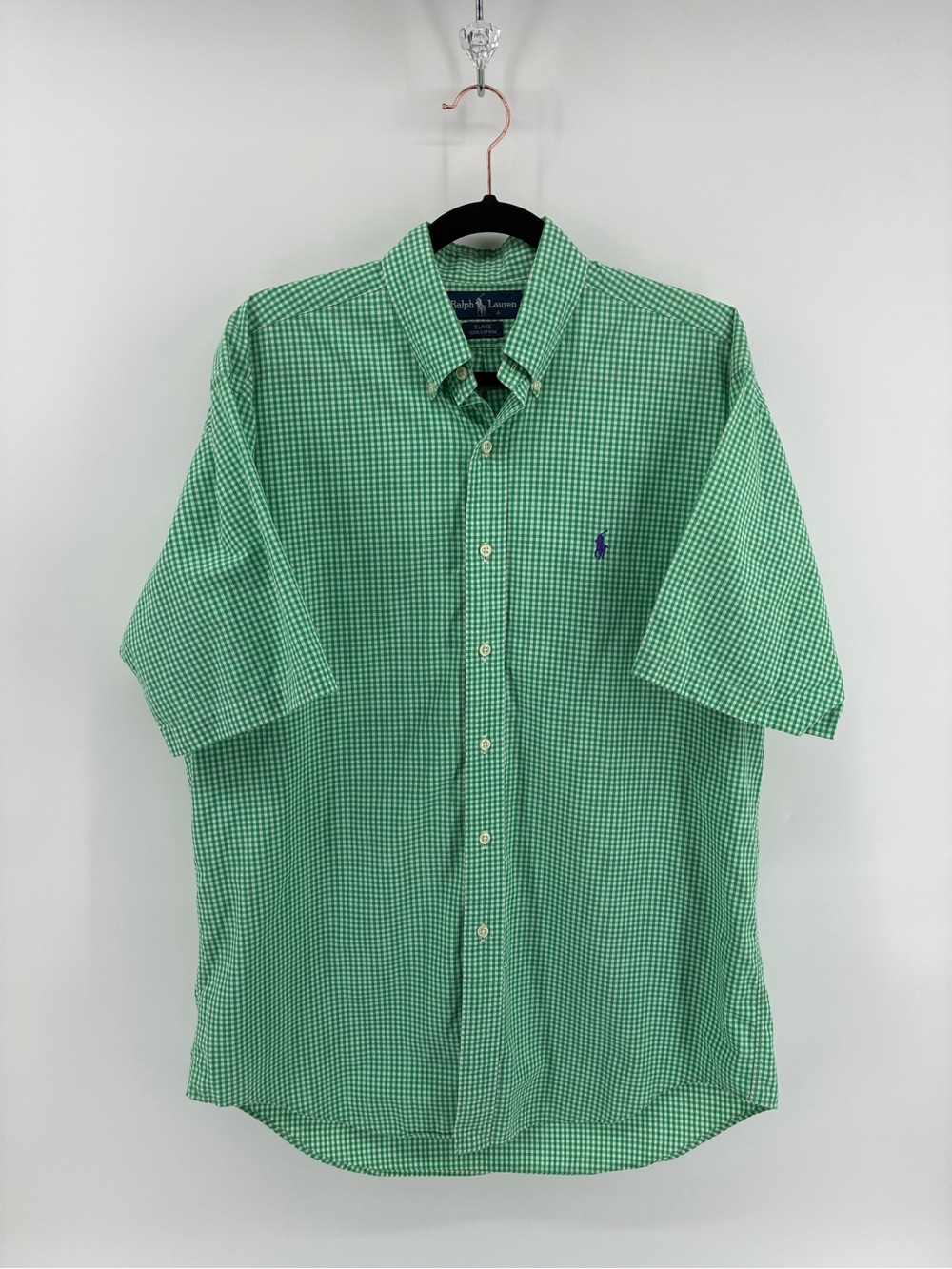 Ralph Lauren Green Gingham Short-Sleeve Button-Down Shirt Blake 100% Cotton